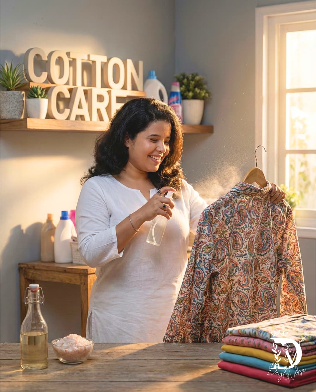 A smiling woman in a white kurti treating a vibrant cotton shirt in a sunlit laundry room, surrounded by DIY cleaning essentials like vinegar and salt, with the text COTTON CARE displayed on a floating shelf
