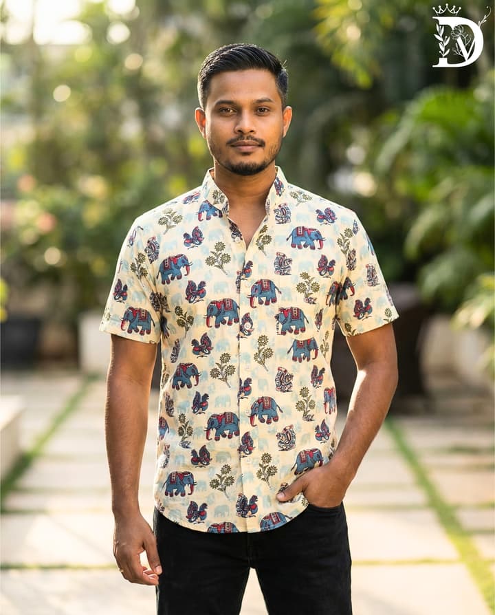 Elephant Batik Print - Light Yellow, Men's Button Down Shirt - Chinese Collar,