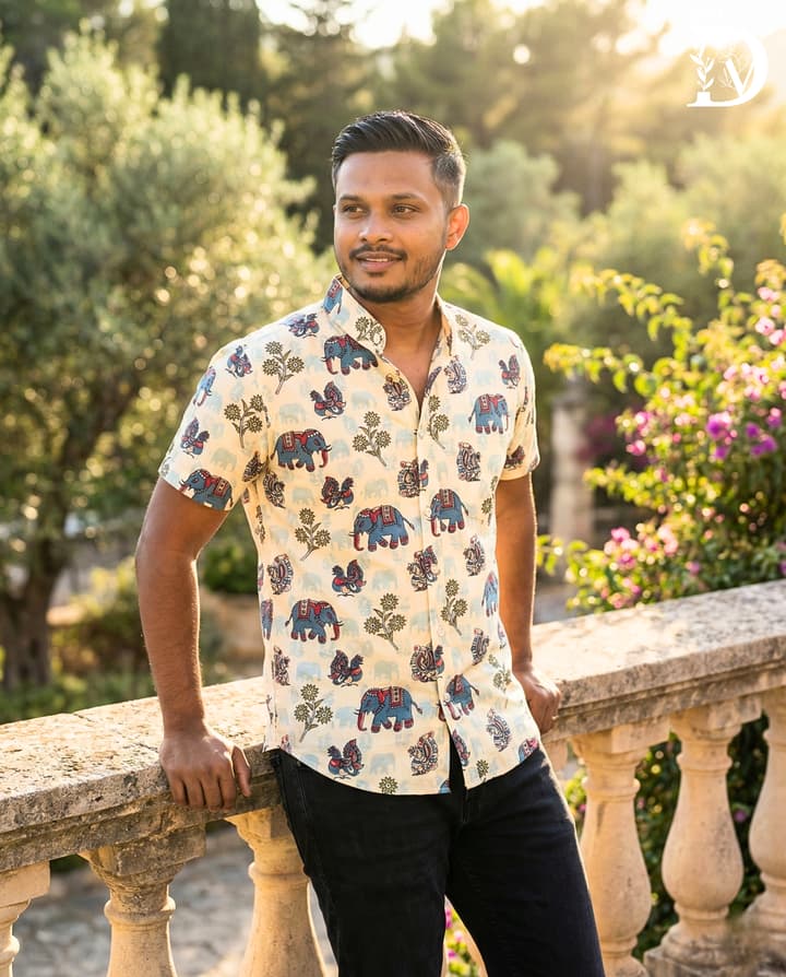 Elephant Batik Print - Light Yellow, Men's Button Down Shirt - Chinese Collar, — alternate view