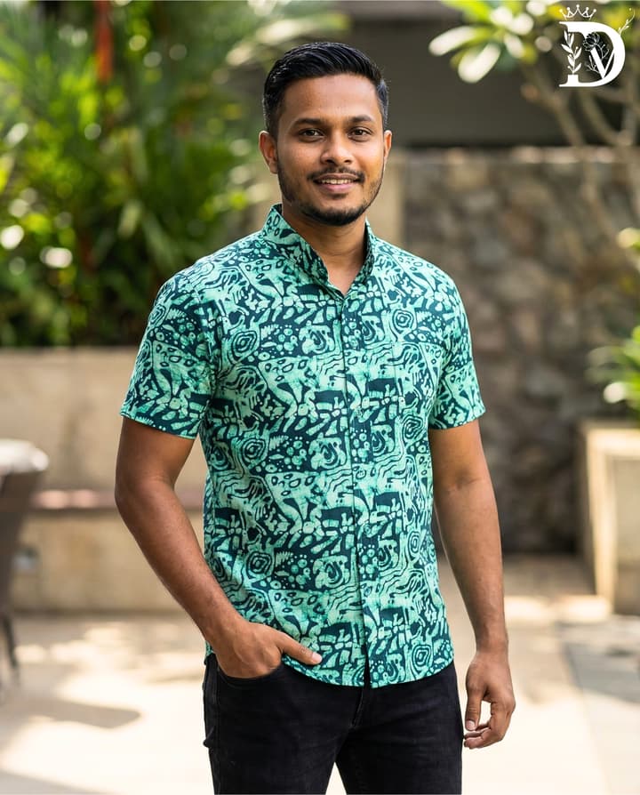 Tribal Motif Batik Print Shirt - Deep Turquoise, Men's Button Down Shirt - Chinese Collar