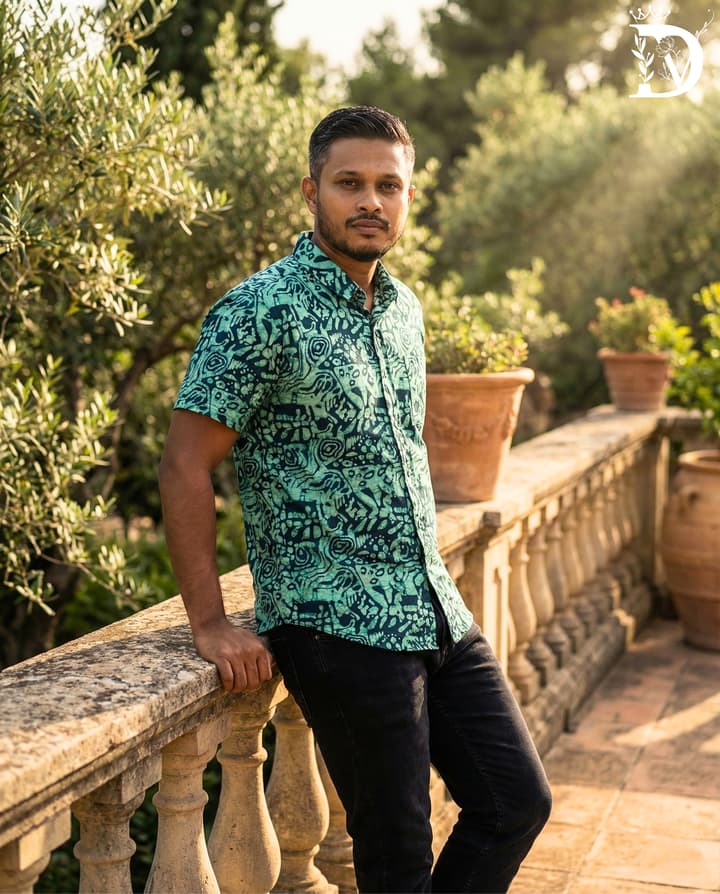 Tribal Motif Batik Print Shirt - Deep Turquoise, Men's Button Down Shirt - Chinese Collar — alternate view