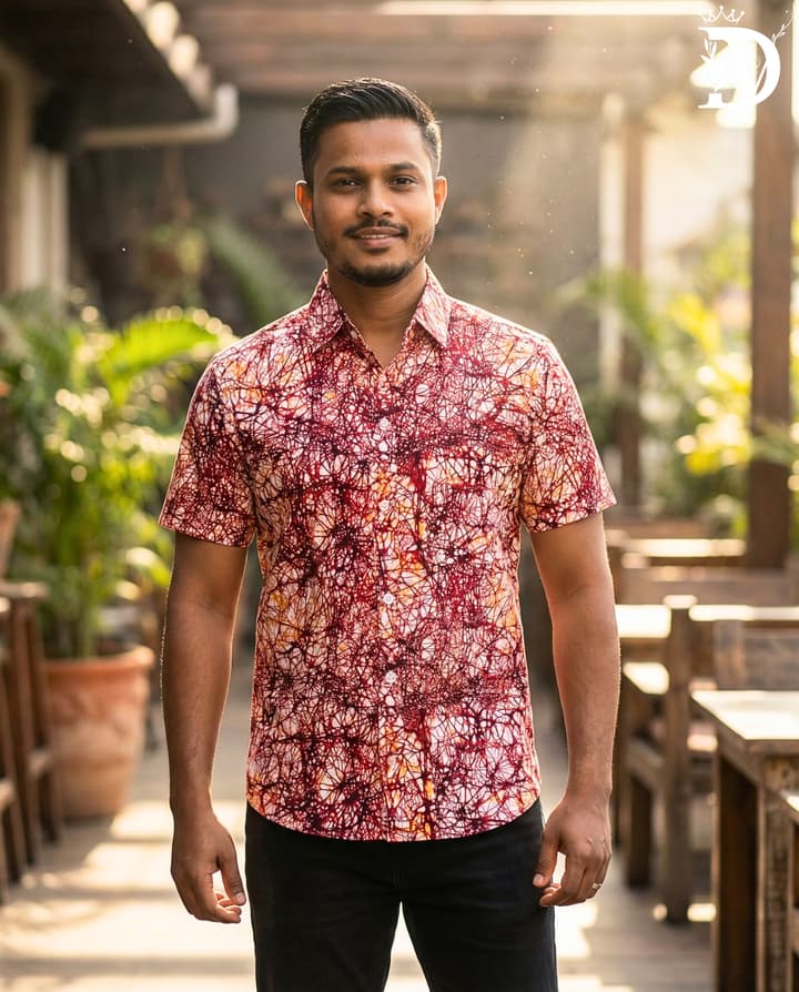 Web Batik Print - Orange and Red, Men's Button Down Shirt